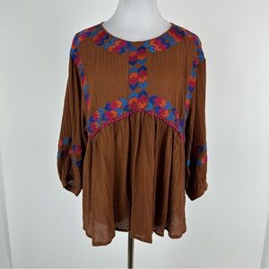 Savanna Jane Brown Embroidered Boho Top Size Medium